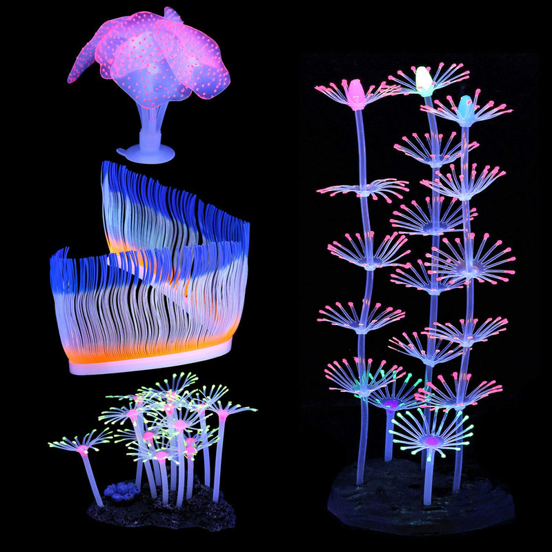 Glowing Fish Tank Decorations Plants, 4 pcs Glow Aquarium Decoration Plants Kit Glowing Sea Anemone Coral Ornaments - PawsPlanet Australia