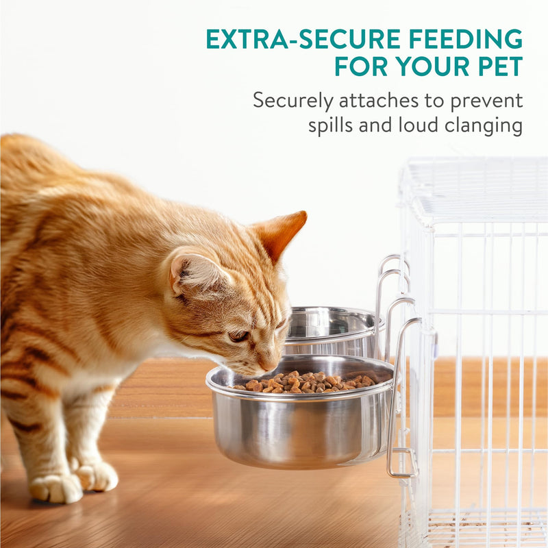 Navaris Cage Hanging Stainless Steel 5.5" (14cm) Bowl Set of 2 - Durable & Rust Resistant - Clip On Pet Crate Food & Water Dish - No Spill Metal Dog Bowls - for Puppy Cats and More 2x 14cm metallic silver - PawsPlanet Australia