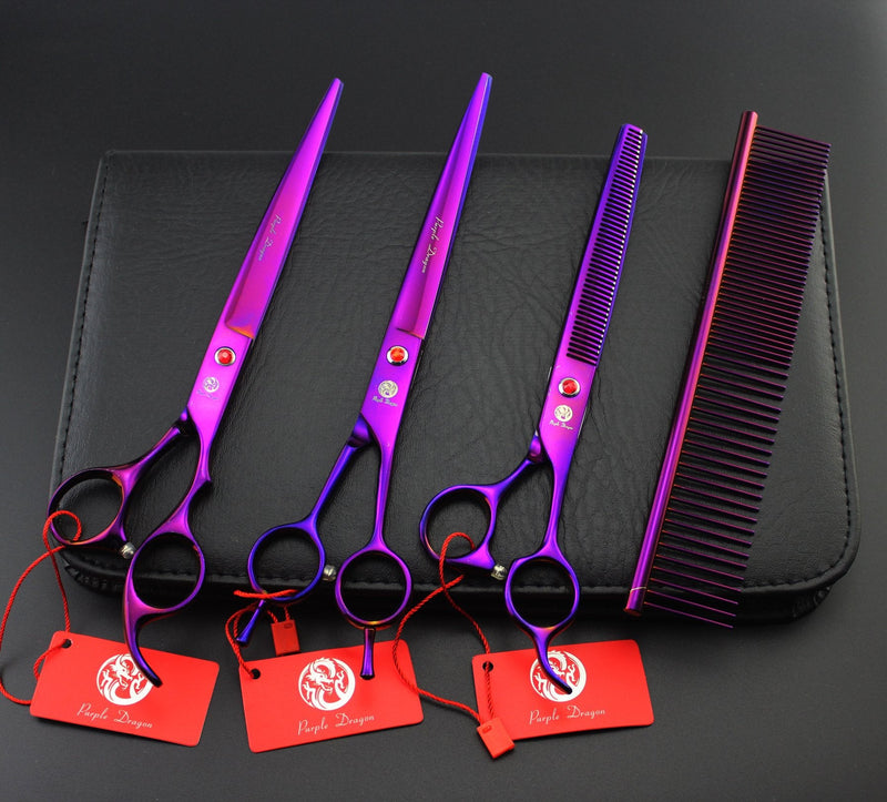 Purple Dragon 8 inch 3 in 1 Professional Pet Grooming Thinning Scissors - Upward Curved Shears and Dog Hair Cutting Scissor - Perfect for Pet Groomer or Family DIY Use (Purple) Purple - PawsPlanet Australia