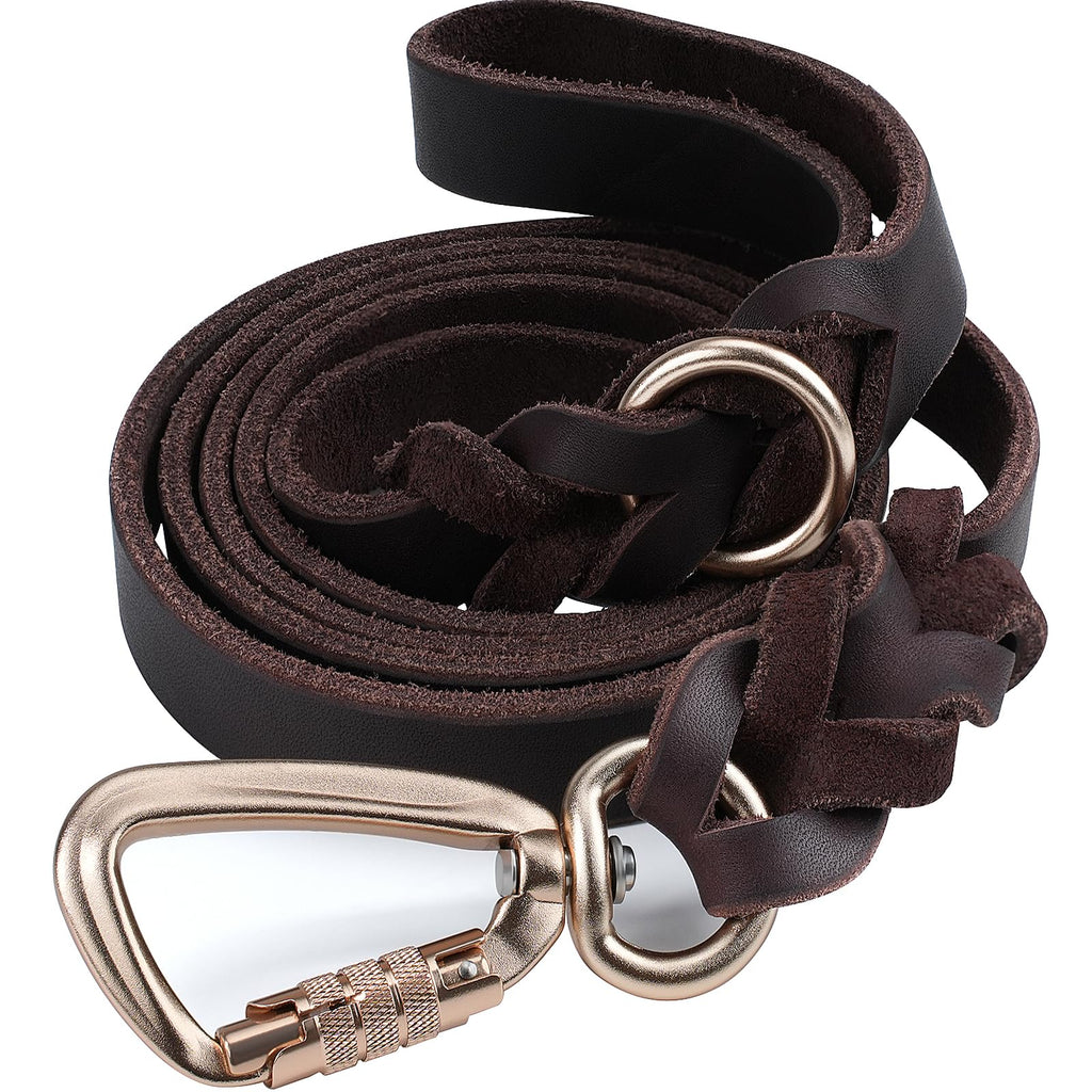 Dynmeow Leather Dog Leash with Safety Lockable Clip and Poo Bags Holder Ring, Heavy Duty Dog Leash for Medium Large Dogs (Brown, 4FT by 3/4IN) Brown