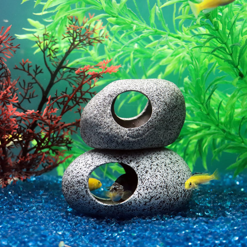 JIH Aquarium Decorations Rock, Ceramic Shelters - Shrimp Habitat, Breeding Tube, Hiding cave, Stackable Fish Tank Decor Cave for Hiding, Betta Fish (J001+J002) J001+J002