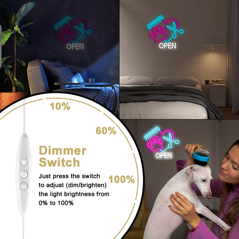 Mutank Pet Shop Open Neon Sign, Paw Neon Light USB Powered LED Dimmable Scissors Sign, for Pet Shop Business Sign Pet Spa Pet Salon Animal Clinic Decor Pet Grooming and Welcome Sign(13.3 * 12.2 In) Blue+Pink+White - PawsPlanet Australia