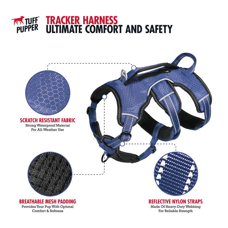 Tuff Pupper Updated for 2024 - Tracker No Escape Dog Harness | Dual Escape Proof Leash Attachments | 5 Point Adjustable Fit Harness for Dogs | Padded Dog Harness for Comfort | Handle Dog Lift Harness Large (Neck: 20-25" , Chest: 25-33") Midnight Blue - PawsPlanet Australia