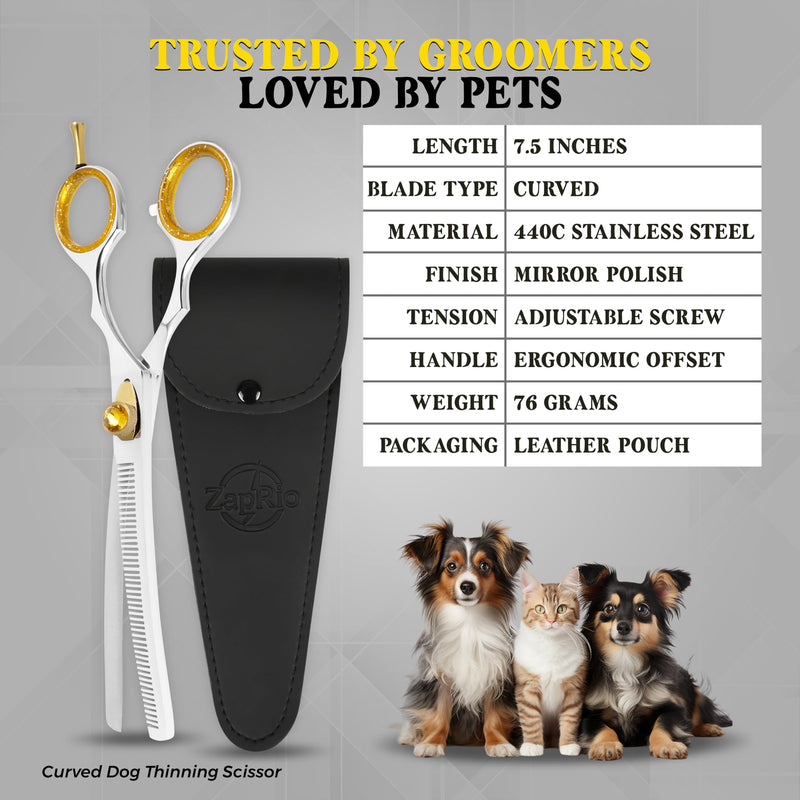7.5” Curved Thinning Shears for Dogs and Cats – 34 Tooth Professional Pet Grooming Scissors – Smooth, Quiet Blending Shears for Face, Ears, Chest and Legs, Ergonomic Design for Home and Pro Use Polish Curved Thinning Scissors - PawsPlanet Australia