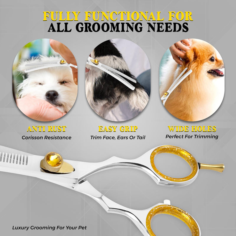 7.5” Curved Thinning Shears for Dogs and Cats – 34 Tooth Professional Pet Grooming Scissors – Smooth, Quiet Blending Shears for Face, Ears, Chest and Legs, Ergonomic Design for Home and Pro Use Polish Curved Thinning Scissors - PawsPlanet Australia