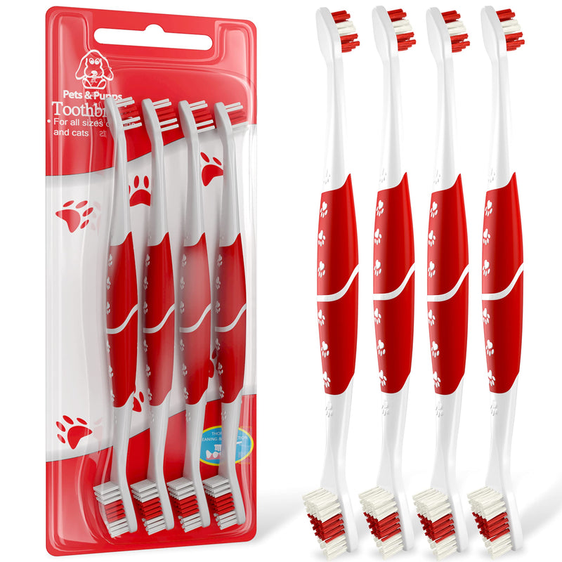 Pet Toothbrush for Dogs, Cats with Soft Bristles - Easy Teeth Cleaning & Dental Care, Non Slip Dual Head Dog Toothbrush for Medium & Large Pets, Toothpaste Not Included (Pack of 4(Red)) Pack of 4 (Red)