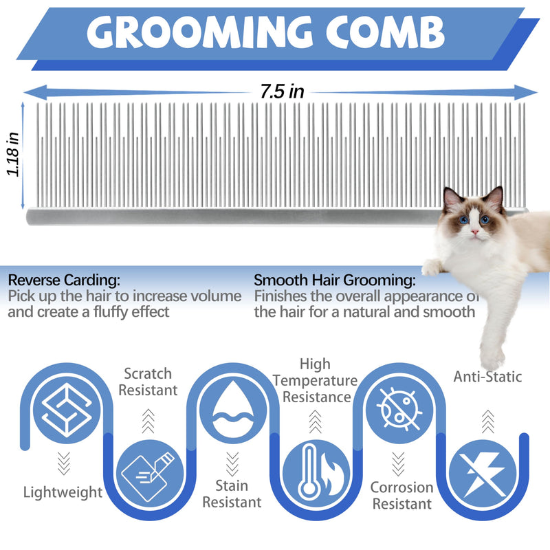 Professional 7.5 In Dual Tooth Pet Grooming Comb for Long-Haired Cats and Dogs, Metal Dematting Tool for Tangles, Knots, Undercoat and Excess Hair, Rounded Corners for Safe Deshedding and Detangling Large - PawsPlanet Australia