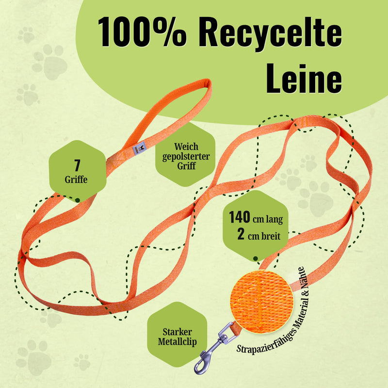 Hundefreund Recycled Dog Leash – 100% Recycled Polyester – Eco-Friendly, Heavy-Duty & Lightweight with 7 Handles for Maximum Control – for All Dog Breeds and Sizes – 4.5 ft (2.5 oz) - PawsPlanet Australia