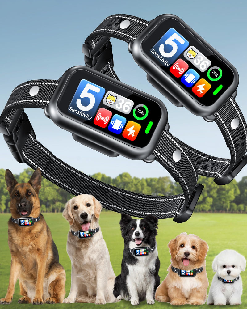 2 Pack Dog Bark Collar for Large Medium Small Dogs, 1s Fast Stop Barking Rechargeable Smart Bark Collar, Anti Barking Training Collar with 5 Adjustable Sensitivity Beep Vibration Shock Black+Black