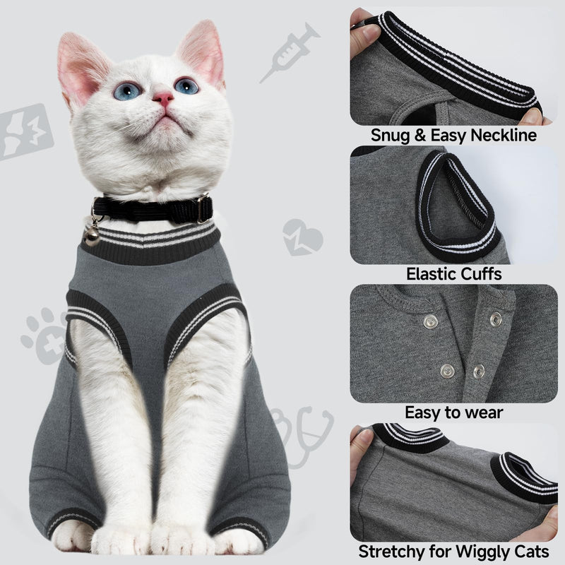Stress-Free Cat Recovery Suit for Female Cats - Vet-Backed E-Collar Alternative, Anti-Lick & Rear Access Design Gray S Small grey