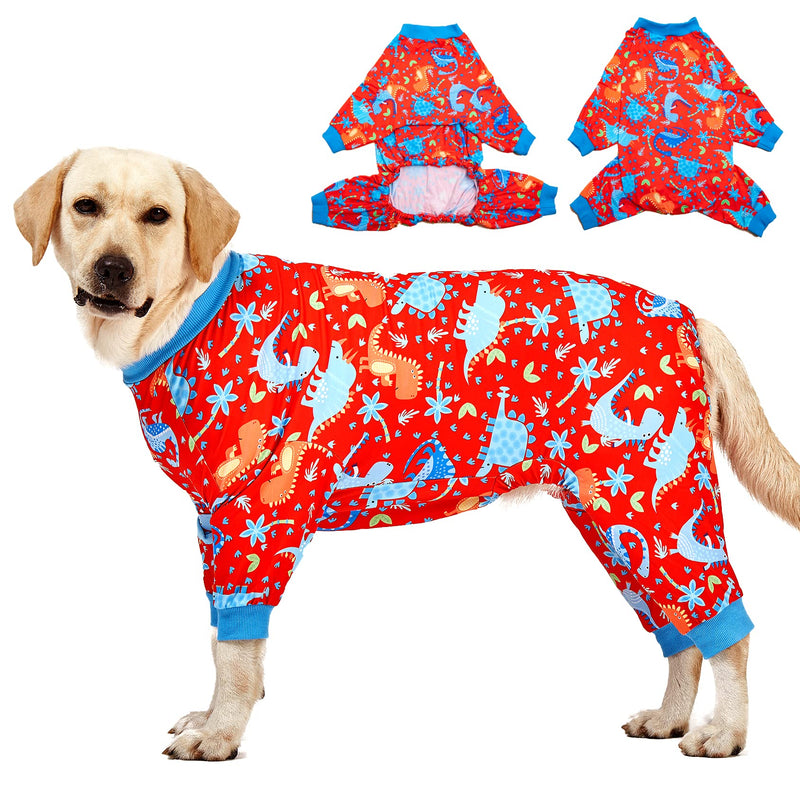 LovinPet Pitbull Dog Pajamas, Large Dog Onesies for Surgery/Wound Care, Lightweight Stretchy Knit Fabric, Dinosaur Jungle Red Print Dog Pj's UV Protection, Pet Anxiety Relief, Dog Costume/XL X-Large Red/Blue Update