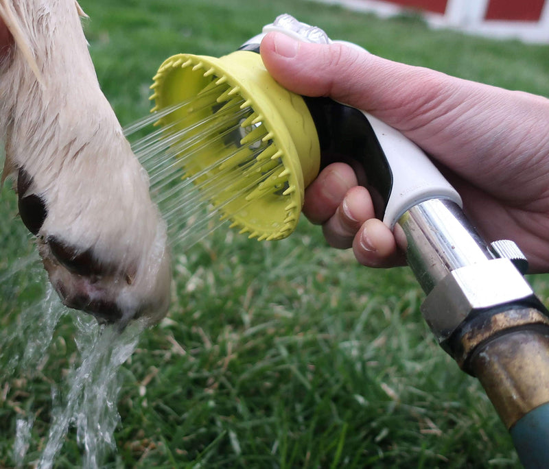 Outdoor Dog Wash Garden Hose Nozzle for Bathing and Quick Paw Rinses. Splash Shield Handle and Rubber Grooming Brush. Metal Connection. Swivels on Hose with Water Pressure Control. White - PawsPlanet Australia