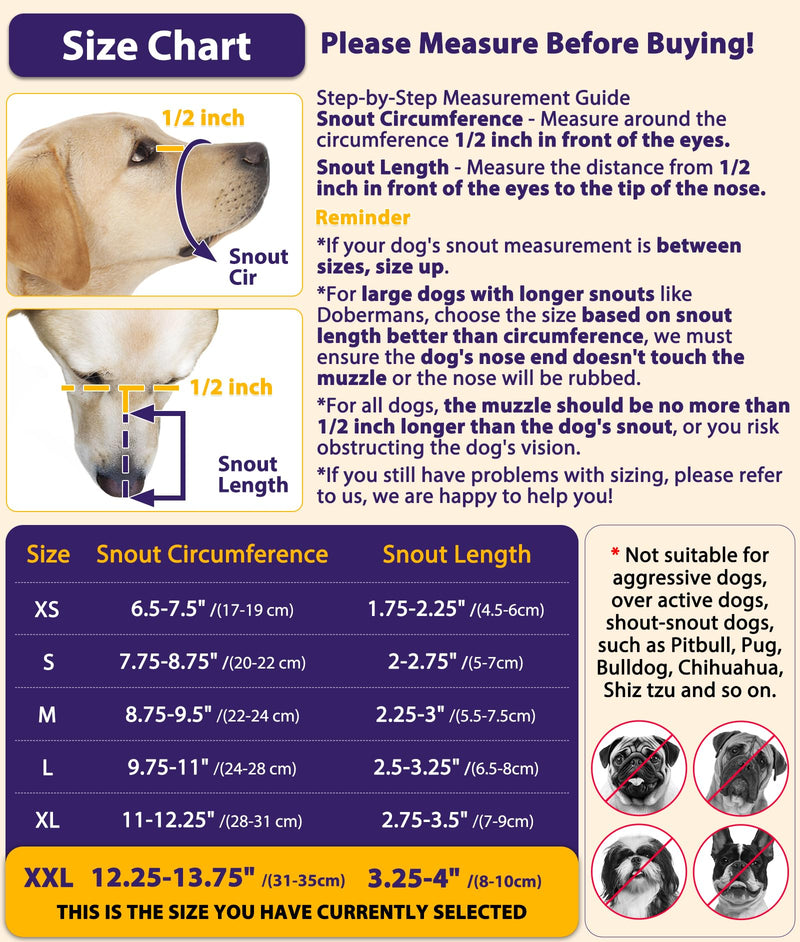 LUCKYPAW Dog Muzzle, Patented Mesh Muzzle for Large Medium Small Dogs Allows Full Pant Drinking Mouth Cover to Prevent Biting Chewing Scavenging Adjustable Breathable Mouth Guard(Black,XXL) Black XXL-Snout:12.25-13.75" - PawsPlanet Australia