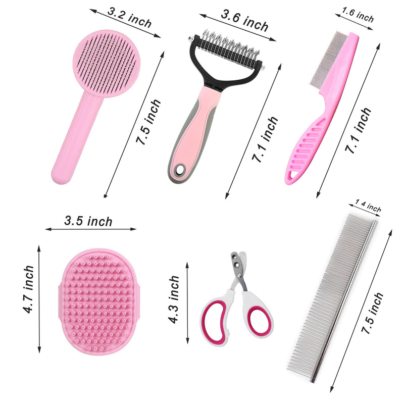 Pet Grooming Kit for Cats and Small Dogs, 6-Piece Brush Set with Flea Comb, Shedding Tools for Long Hair (Pink) Pink - PawsPlanet Australia