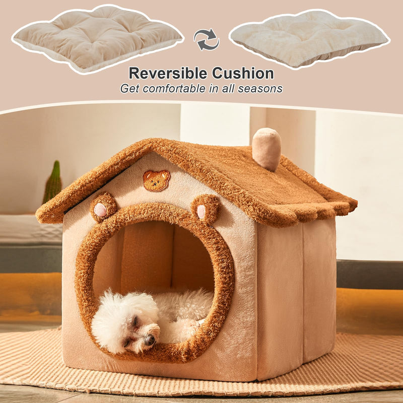 JIUPETY Cute Cat Beds for Indoor Cats, Foldable Cat House with Non-Slip Bottom, S Size Kitten Bed Up to 8 Lbs Kitty, Brown Small Brown Bear - PawsPlanet Australia