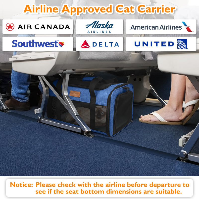 PETUX TSA Approved Pet Carrier in Cabin, 17"x11"x9.5" Soft Cat Carriers for Small Cat up to 12 lb, Top-Open Portable and Breathable Pet Carrier Airline Approved for Travel and Vet Visit, Blue 17.0"L x 11.0"W x 9.5"H - PawsPlanet Australia