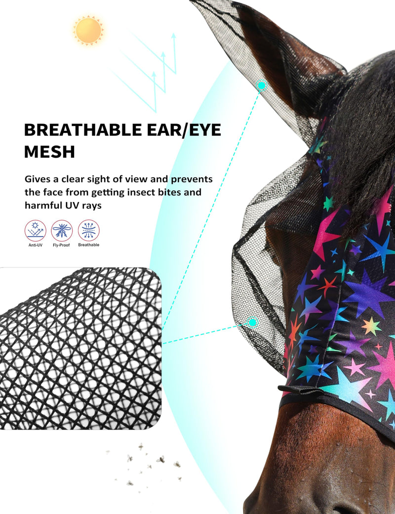 Harrison Howard Stretch Fly Mask with Forelock Opening and Patterns Comfortable Breathable Snug Fitting Horse Fly Mask Luminous Stars L