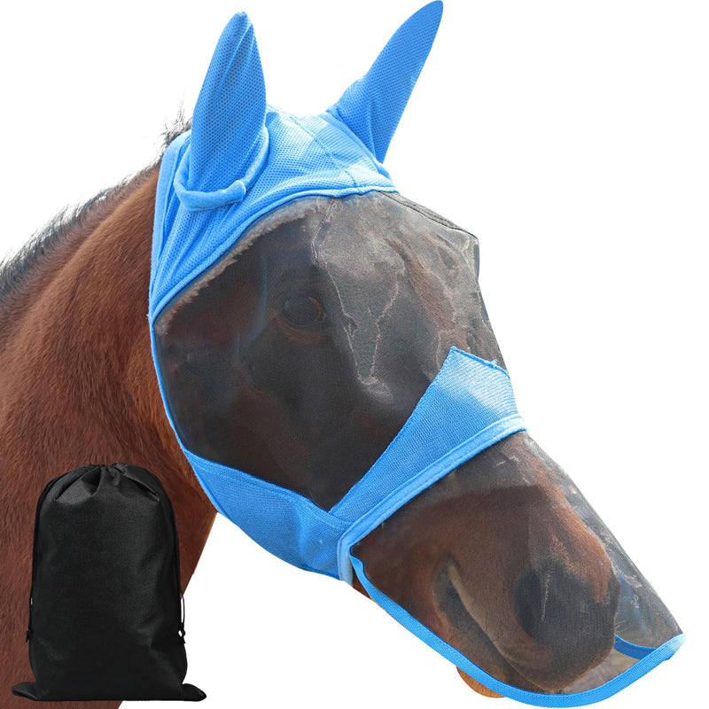 Fly Masks for Horses with Ears and Nose Cover Large Eye Space, Adjustable Horse Fly Mask for Daily UV Protection Breathable Comfort Fit Riding & Competition(Blue, L) Sky Blue