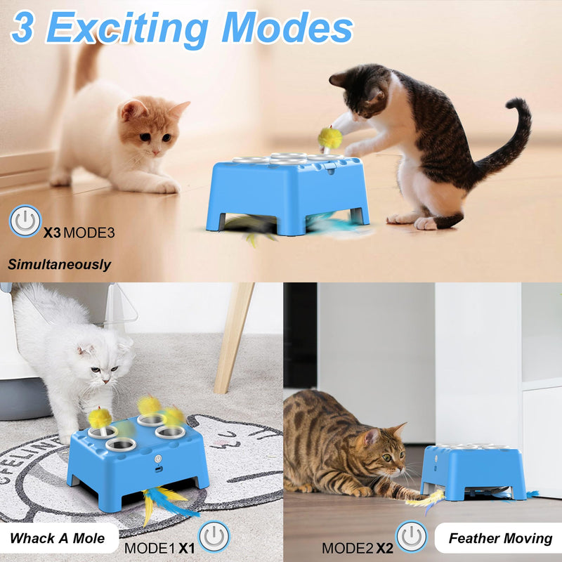 Interactive Cat Toys, 2-in-1 Automatic Cat Toy, 4 Holes Mice Whack A Mole Cat Mouse Toy with Moving Feather, Portable USB Rechargeable Electronic Kitten Toys (Blue) Blue - PawsPlanet Australia