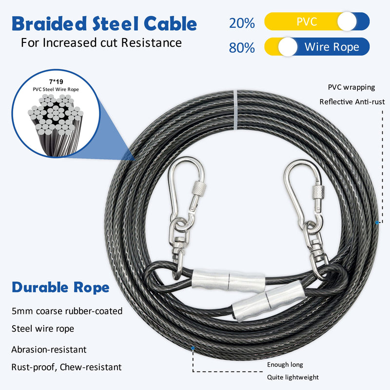 Dog Leads for Yard 25ft - Dog Chains for Outside Heavy Duty,Camping, Chew Proof Dog Runner Long Leash, Training Tether Tie Out Cable for Large Dogs (Grey, Large / 25FT) Grey - PawsPlanet Australia