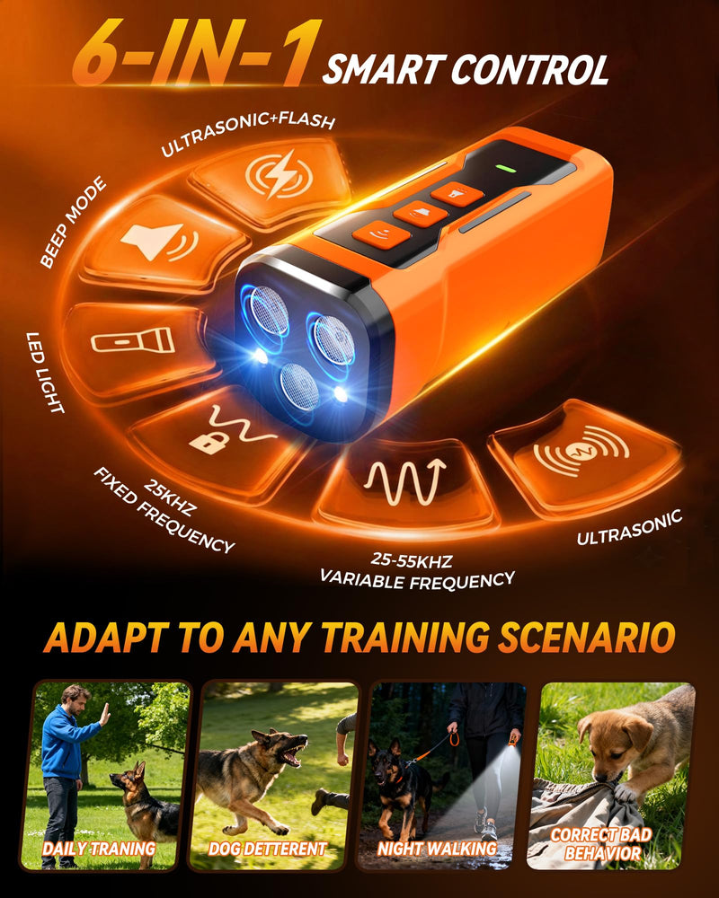 Dog Bark Deterrent Devices, 6 Modes 3X Ultrasonic Anti Barking Device for Dogs, 33 FT Range Barks No More Indoors Neighbor Outdoors with Flashlight,Dog Training Device Orange