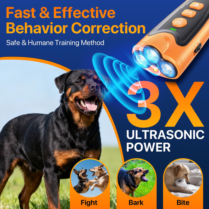 Dog Bark Deterrent Device, 3X Ultrasonic Anti Barking Device for Dogs, 6 Training Modes & 23 FT Range Stop Neighbors Dog Barks, Portable Dog Training Tool with Flashlight Indoor Outdoor Use, Amber Only Device - PawsPlanet Australia