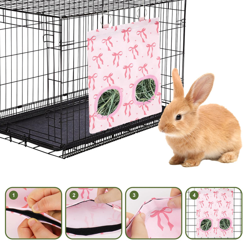 2Pcs Rabbit Hay Feeder Bag with 2 Holes Pink Bow Guinea Pig Hanging Hay Feeding Bag Storage Dispenser for Chinchilla Hamster Bunny Small Animal Pet - PawsPlanet Australia