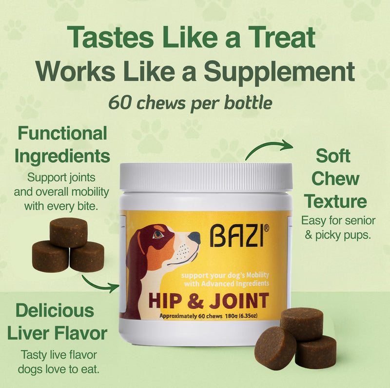 BAZI Hip & Joint Dog Chews – Glucosamine, Chondroitin, MSM, Turmeric & Collagen for Joint Health & Mobility – High-Potency Supplement for Dogs of All Breeds & Sizes – Active Lifestyle Support - PawsPlanet Australia