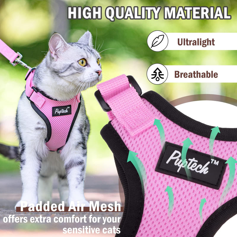 PUPTECK Cat Harness and Leash Set Escape Proof for Walking, Breathable Mash Vest Adjustable Harness for Cats Puppy Small Animals, Reflective at Night, Pink Medium M: Neck 11.4"-15.3", Chest 12.8"-20" - PawsPlanet Australia