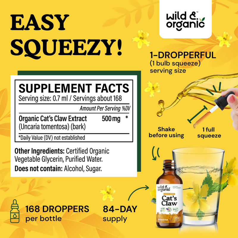 Wild & Organic Cats Claw Herb Supplement - Immune Support - Pure Cats Claw Tincture - Add to Tea Liquid Drops - Uncaria Tomentosa Bark - Vegan, Sugar & Alcohol-Free - 4 fl oz 4 Fl Oz (Pack of 1) - PawsPlanet Australia