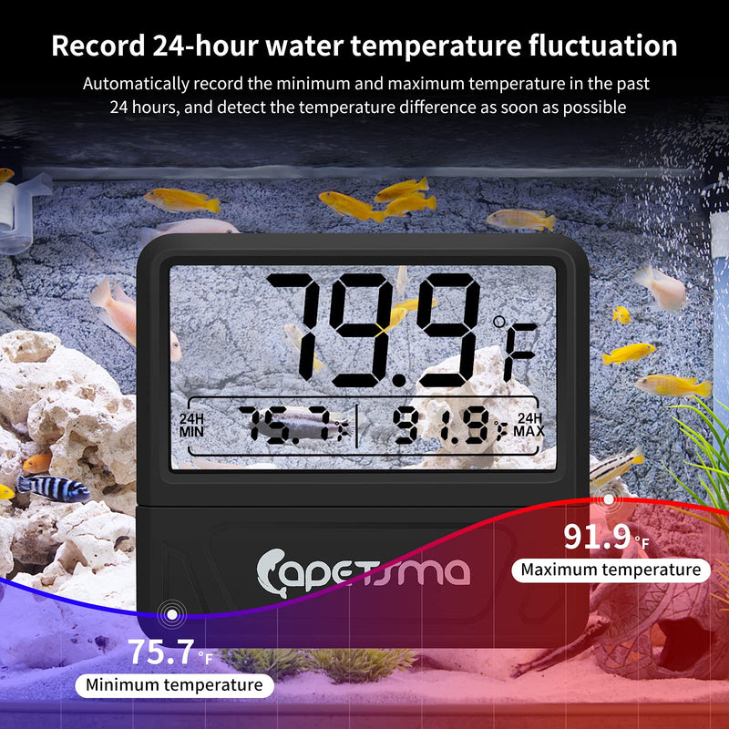 capetsma Aquarium Thermometer Digital Fish Tank Thermometer Large LCD Screen Records High & Low Water Temperature in 24 hrs Black