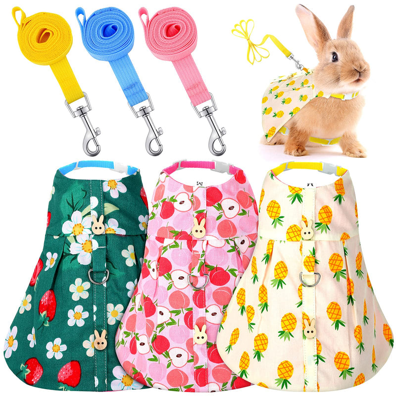 3 Piece Cute Rabbit Leash and Harness Set, Bunny Rabbit Dress Clothes Walking Harness Vest Escape Proof Pet Supply for Rabbit Hedgehog Ferret Guinea Pig (Peach, Pineapple, Strawberry) Peach, Pineapple, Strawberry