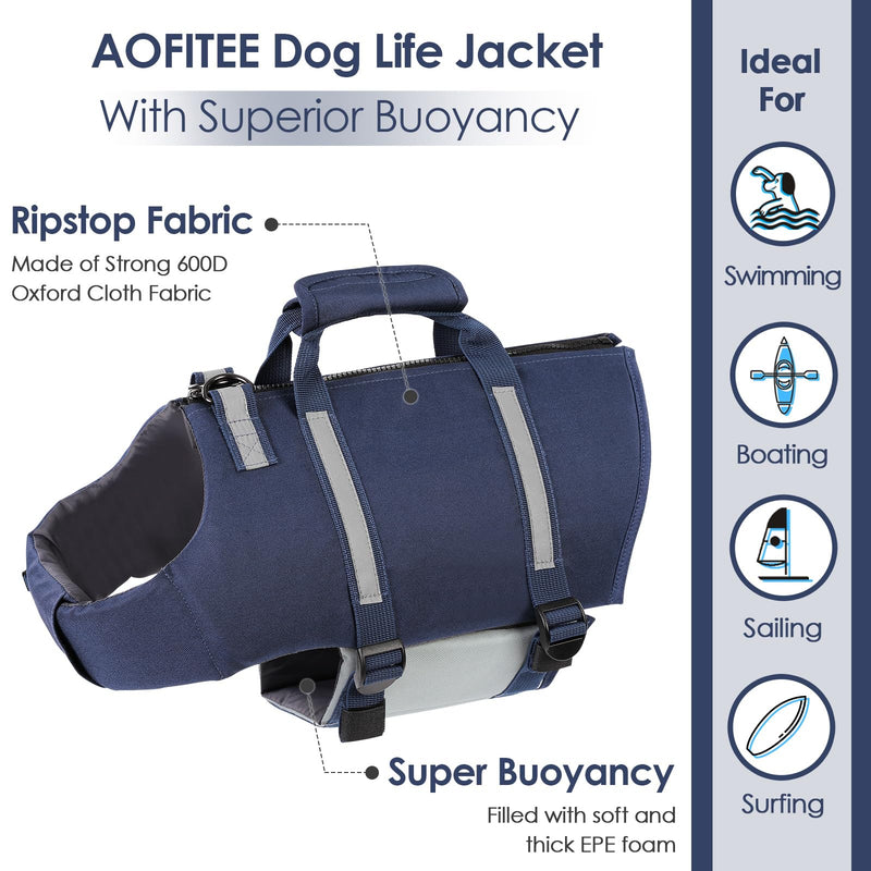 AOFITEE Small Dog Life Jacket, High Buoyancy Dog Life Vest for Swimming, XS Puppy Swimming Vest, Reflective Dogs Swimsuit with Back Zip and Rescue Handle, Pet Lifesaver for Small Medium Large Dogs X-Small Blue - PawsPlanet Australia