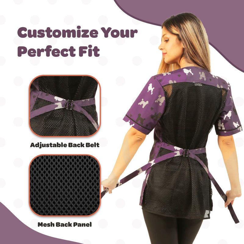Ladybird Line 710 Purple Poodle Print Waterproof Dog Grooming Smock Hair and Bleach Resistant Covered Zipper Panel Mesh Back 4X-Large - PawsPlanet Australia
