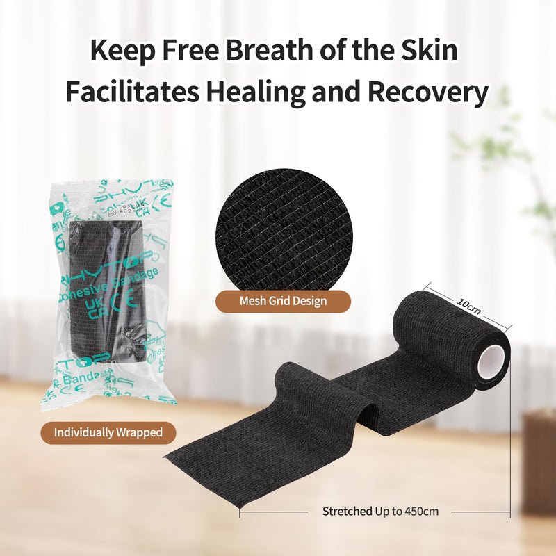 12 Rolls Self Adhesive Bandage Wrap, Cohesive Bandage 4 inches x 5 Yards, Sports Wrap Tape, Also for Horses & Dogs as Breathable Vet Wrap (Black) Black - PawsPlanet Australia