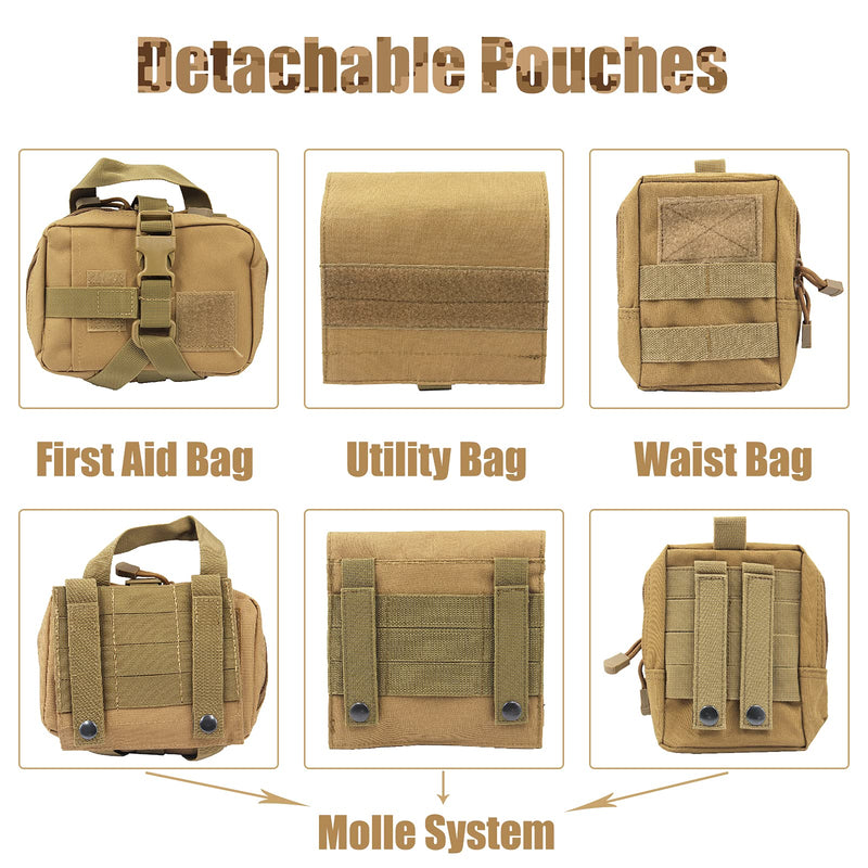 AIWAI Tactical Dog Harness with Pouches,Dog Vest Harness for Large Medium Dogs No-Pull Adjustable Military Dog Harness with Handle Walking Hiking Training (Khaki(with Leash), XL) Khaki(With Leash) - PawsPlanet Australia