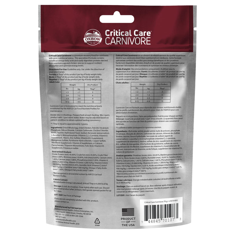Oxbow Critical Care Carnivore - Nutritionally Complete Feeding Assist Formula for Small Animals & Pets (70g) 2.47 Ounce (Pack of 1) - PawsPlanet Australia