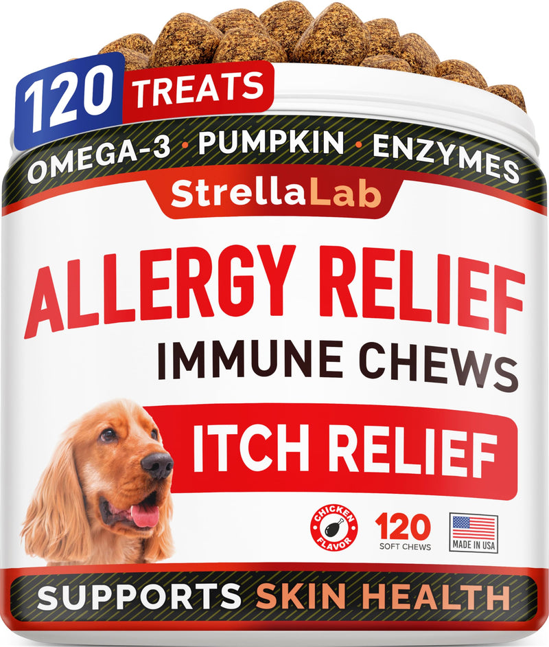 StrellaLab Dog Allergy Relief & Anti Itch Support Chews w/Omega 3: Real Ingredients, Real Taste! Skin & Coat Immune Supplement w/Fish Oil, Pumpkin & Enzymes — Developed by Experts - Made in USA -120Ct Chicken 120 Count (Pack of 1)