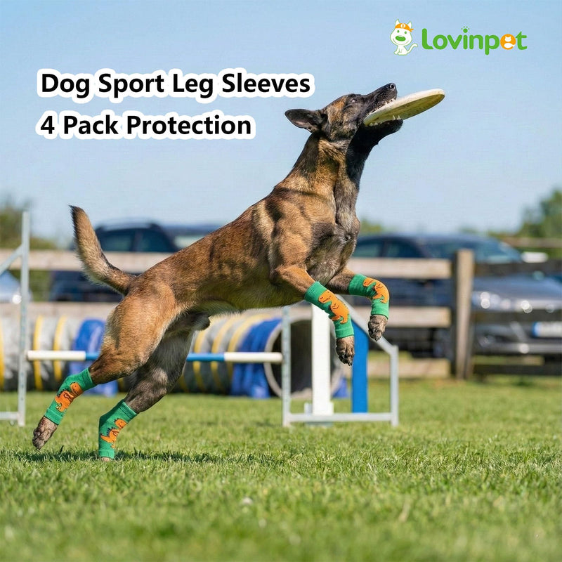 LovinPet 4-Pack Dog Knee Sleeves, Dinosaur-Style Leg Warmers for Medium & Large Dogs, 4-Way Stretch, Anti-Lick Coverage, Warm & Comfy Fit, One Size,Green Orange Green Orange