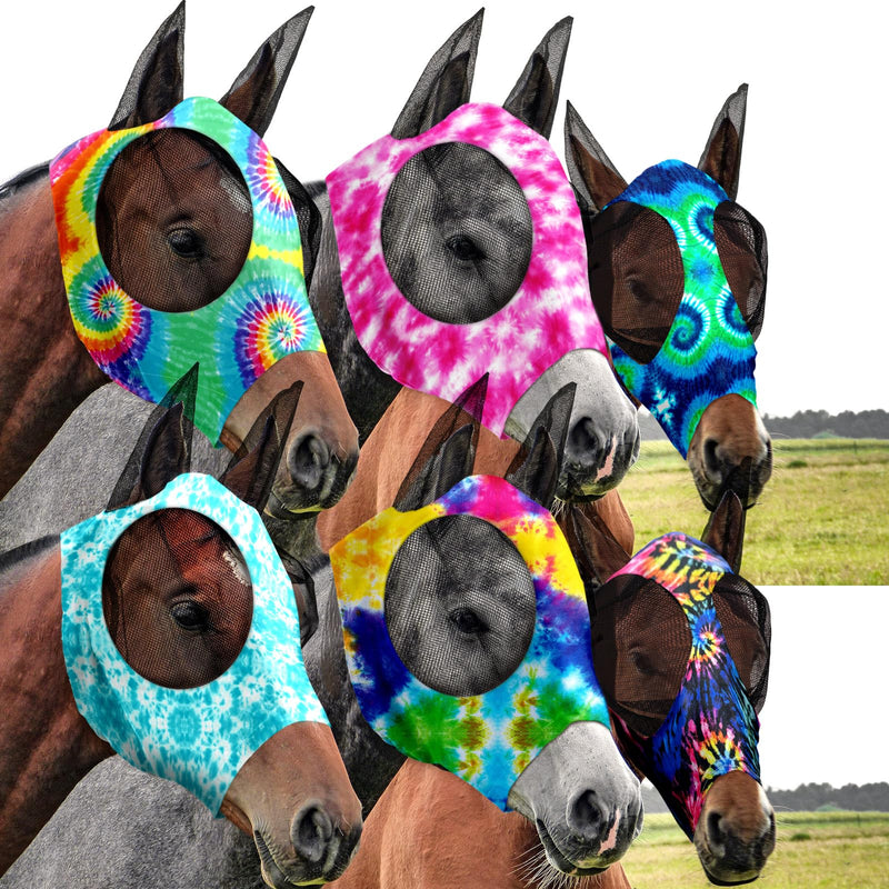 Chunful 6 Pcs Horse Fly Masks with Ears Smooth and Comfortable Mesh Fly Mask Elasticity Breathability UV Protection Horse Face Covering for Riding Supplies(Tie Dye,Medium) Tie Dye Medium