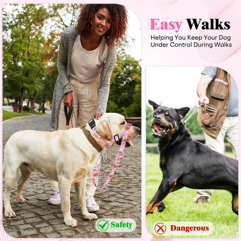 HIGO Dog Head Collar, Adjustable Head Collar for Dogs, No Pulling Head Halter, Training Nose Leash, 3 Pattern Muzzle Leash for Small Medium Large Dogs Easy Walking (Pink, L) Pink - PawsPlanet Australia
