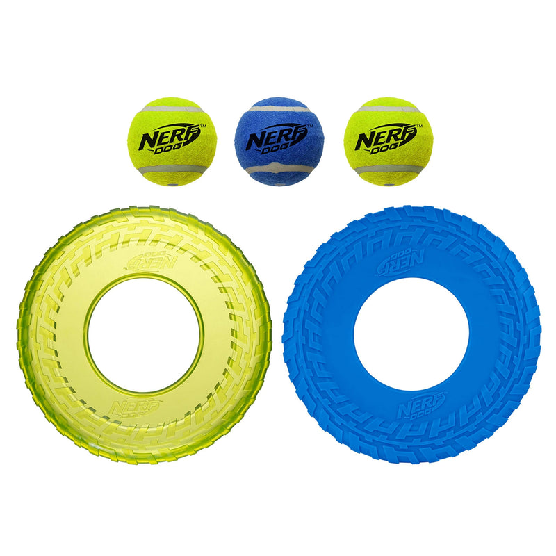 Nerf Dog 5-Piece Dog Toy Gift Set, Includes 2.5in Squeak Tennis Ball 3-Pack, 10in Translucent TPR Tire Flyer, and 10in TPR Tire Flyer, Nerf Tough Material, Green and Blue - PawsPlanet Australia