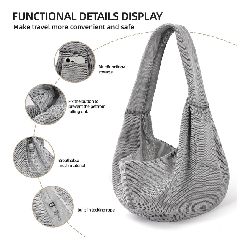 Dog Carrier Sling - Ultra Breathable Reversible Puppy Carrier Purse with Storage Pocket, Travel Safety Harness, Hand-Free Dog Sling Carrier for Carry Small Dogs and Cats, Dog and Cat Harness(Gray) Gray - PawsPlanet Australia