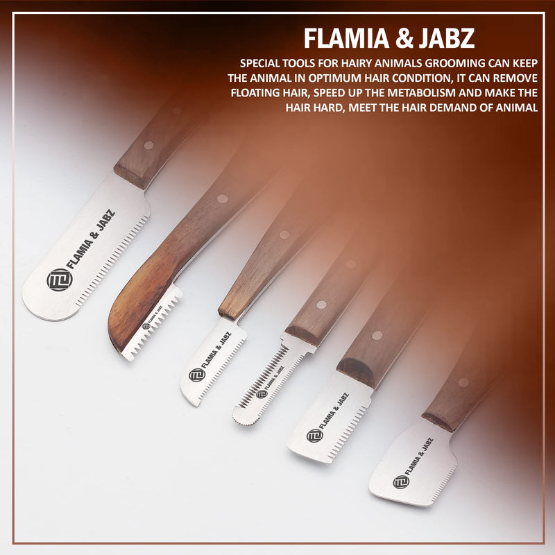 FLAMIA & JABZ Professional Stripping Knife kit (6 Pieces Set) for Dogs & Pets, Wooden Handle Grip with Stainless Steel Comb (Right Handed) (Rosewood) Multi-colored - PawsPlanet Australia