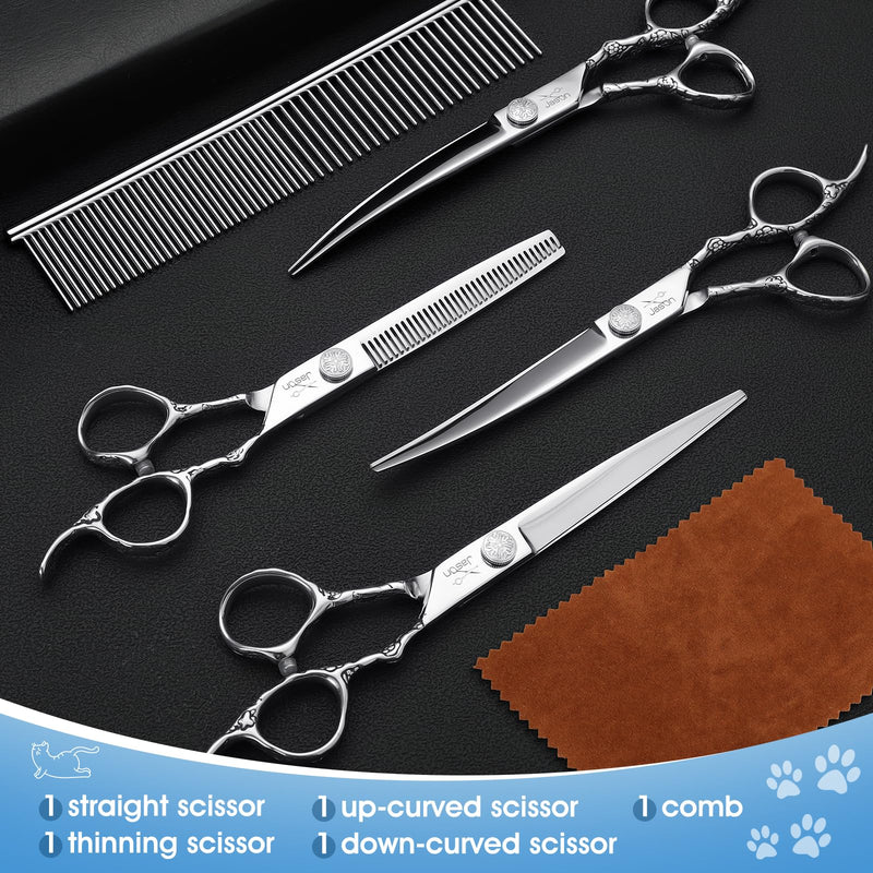 JASON Dog Grooming Scissors Kit, Professional 6 in 1 Dog Scissors Set - 6.5" Thinning, 7" Straight, 7" Up-Curved, 7" Down-curved Shears and Comb for Dog Cat Pet (Silver) Silver