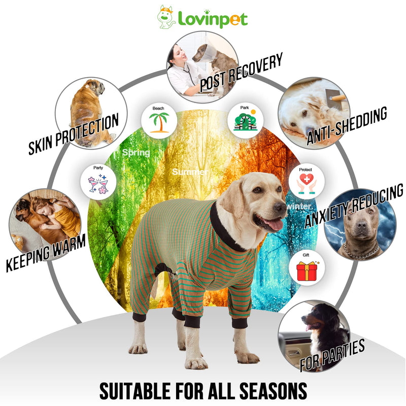 LovinPet Big Dog Pajamas, Cotton Brown and Green Stripe Dog Shirt, Stop Shedding for Dogs, Pet Pajamas for Dogs, UV Protection, Pitbull Clothes, Pet PJ's, M Medium Green Brown - PawsPlanet Australia