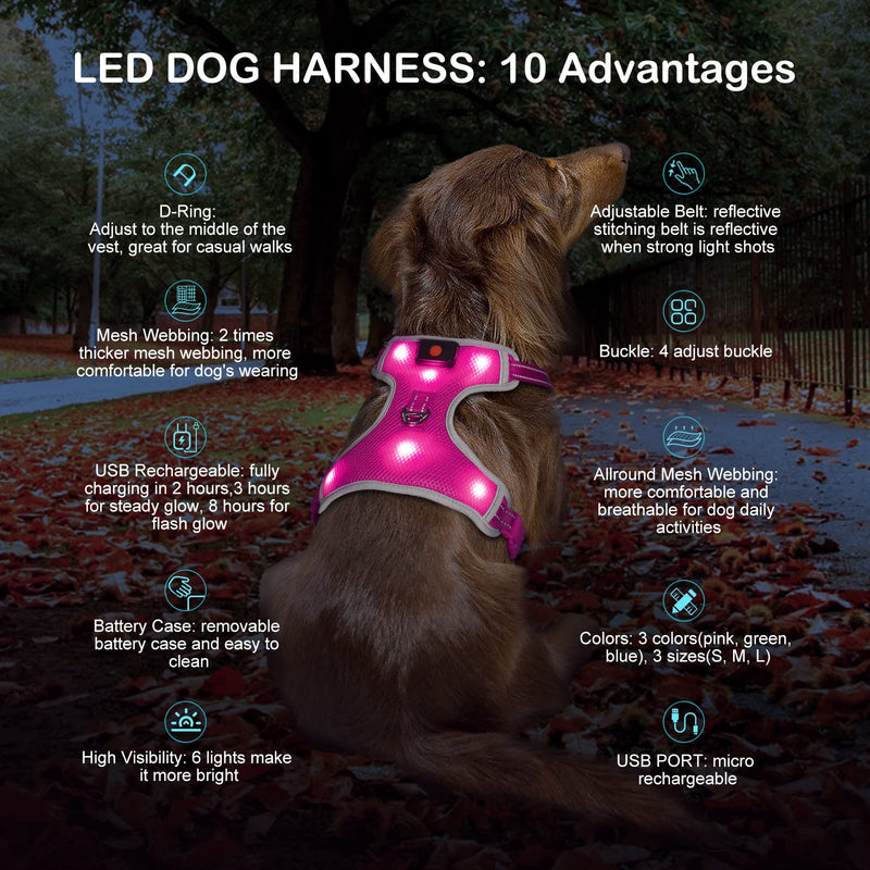 Glow in The Dark Dog Harness USB Rechargeable(Pink, L) Pink L: Chest Girth: 28-35.50"丨Neck: 22-31.5" - PawsPlanet Australia