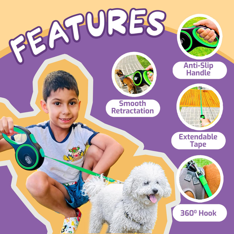 Dog Leash Retractable,Sturdy, Heavy-Duty, Tangle-Free, Soft,Anti-Slip Handle & Easy One Hand Brake for Puppy, Small, Medium, Large Breeds Dogs (Green, 110 LBS /16 FT (M)) 110 LBS /16 FT ( M) Green - PawsPlanet Australia