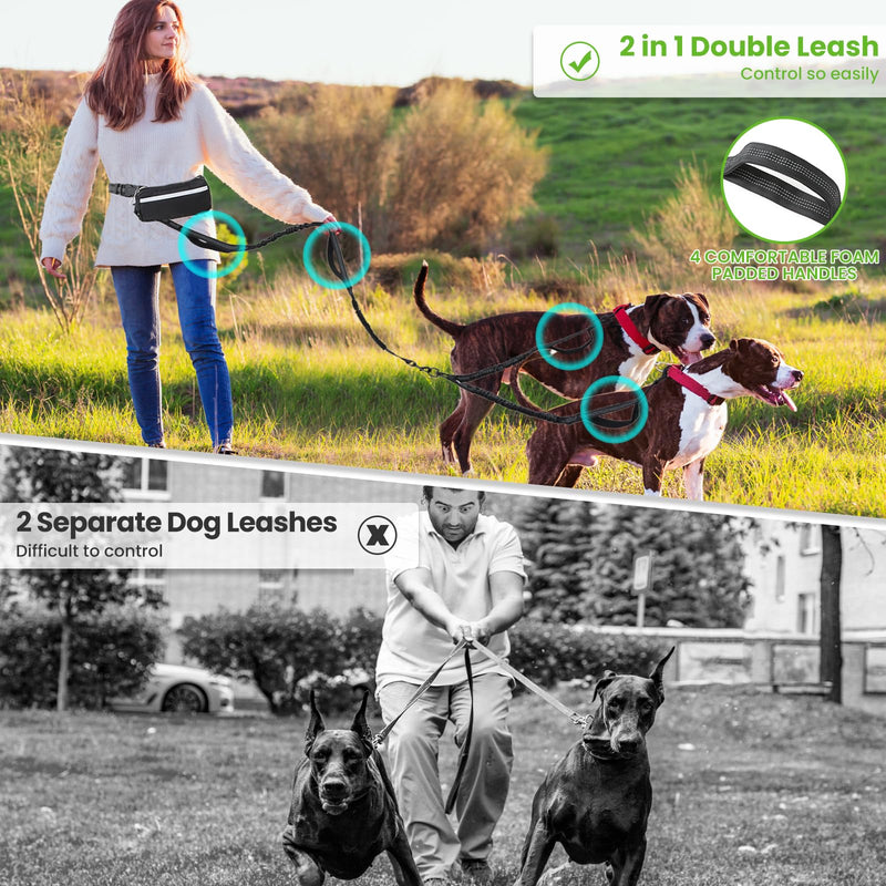 Double Leash for Two Dogs for 2 Dogs with Pouch and 4 Padded Handles for Medium to Large Dogs Running, Walking, Hiking - PawsPlanet Australia