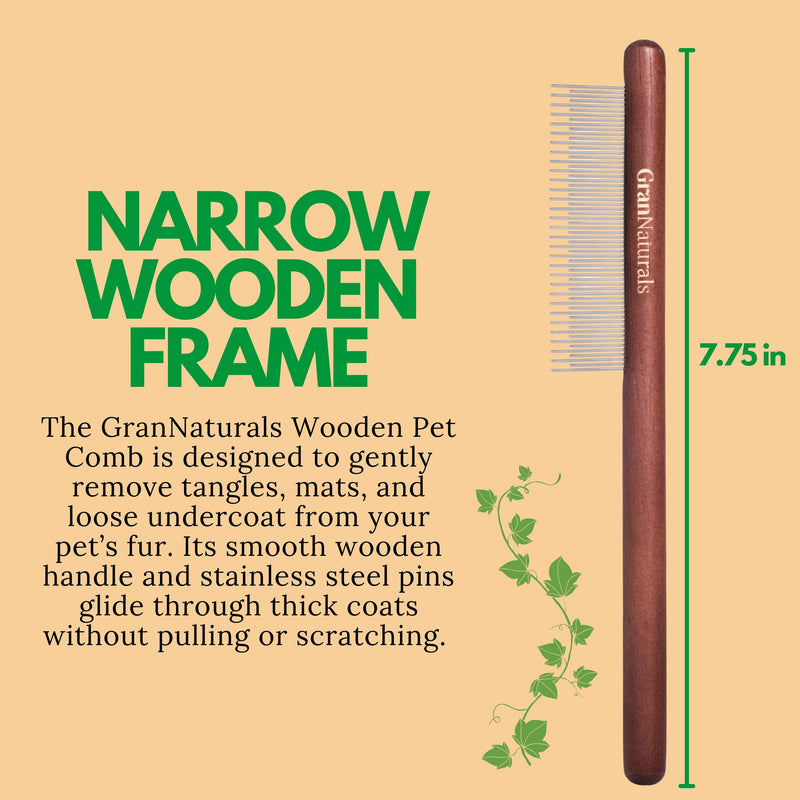 GranNaturals Wooden & Metal Pet Comb for Detangling Hair, Grooming Fur, Dematting for Large and Small Dogs, Long & Short Haired Cats - PawsPlanet Australia
